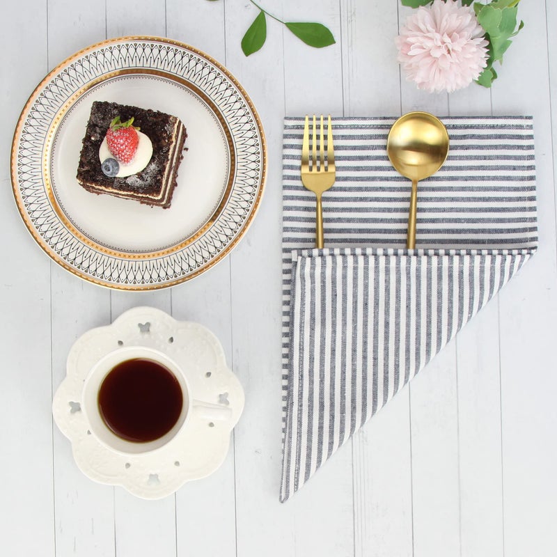 INFEI Plain Striped Cotton Linen Blended Dinner Cloth Napkins - Set of 12 (40 x 30 cm) - for Events & Home Use (Black) - Image 2